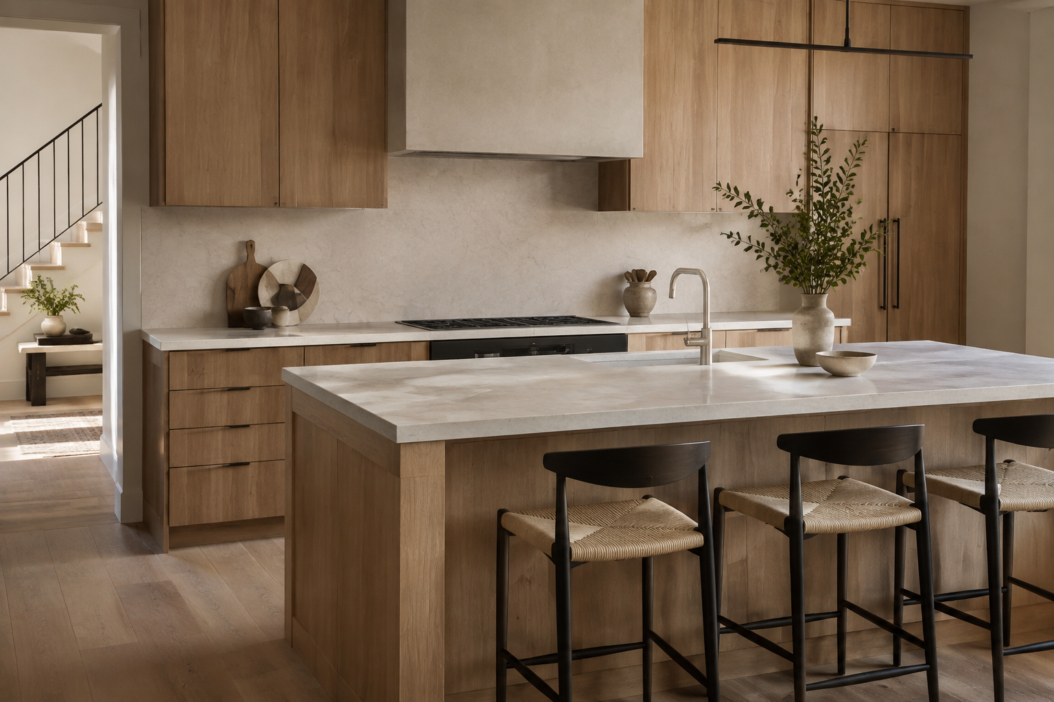 Contemporary kitchen with warm wood cabinetry and stone counters